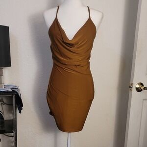 Mind Code Tan Cowl Neck Mini Dress